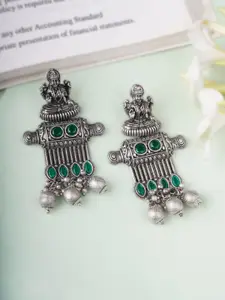 Adwitiya Collection Silver-Plated Stones Studded & Beaded Oxidised Drop Earrings