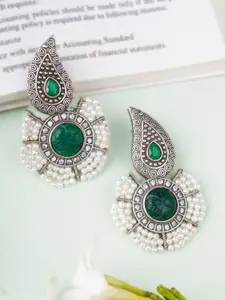 Adwitiya Collection Silver-Plated Stones Studded and Beaded Classic Oxidised Drop Earrings
