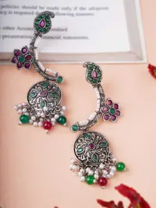 Adwitiya Collection Silver-Plated Artificial Stones Studded Classic Oxidised Drop Earrings