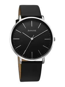 Sonata Men Brass Dial & Leather Straps Analogue Watch 77150SL02