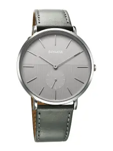 Sonata Men Brass Dial & Leather Straps Analogue Watch 77150SL08