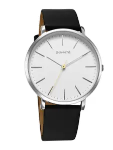 Sonata Men Brass Dial & Leather Straps Analogue Watch 77150SL01