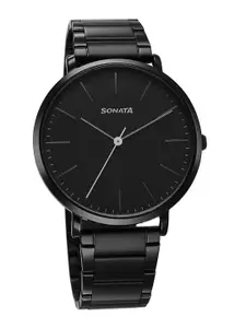 Sonata Men Brass Embellished Dial & Stainless Steel Straps Analogue Watch 77150NM01