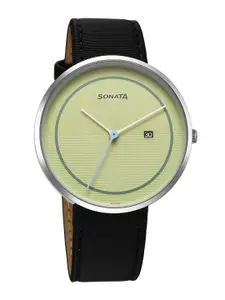 Sonata Men Brass Dial & Leather Bracelet Style Straps Analogue Watch 77152SL04