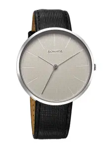 Sonata Men Brass Patterned Dial & Leather Bracelet Style Straps Analogue Watch 77152SL01