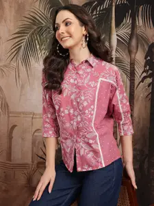 Sangria Floral Print Batwing Sleeves Paneled Cotton Shirt Style Top