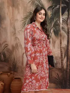 Sangria Floral Print Pure Cotton Twisted Wrap Ethnic Shirt Dress