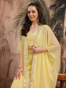 Sangria Ethnic Motifs Foil Print Fitted Crop Top with Harem Pants & Shrug