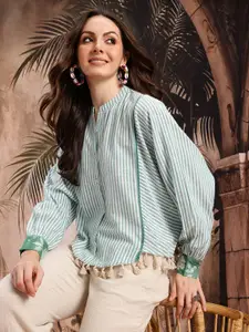 Sangria Striped Tasseled Hem Cotton Shirt Style Top