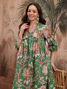 Sangria Floral Print Pure Cotton Gathered Ethnic Midi Empire Dress with Lace Inserts