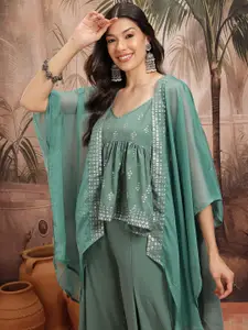 Sangria Foil Print Pleated Kurti with Palazzos & Shrug