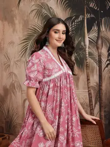 Sangria Leaves Printed Ethnic Midi Empire Dress with Lace Insert Detail