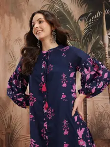 Sangria Floral Print Puff Sleeve Ethnic Shirt Midi Dress