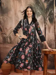 Sangria Floral Print Cotton A-Line Midi Ethnic Dress