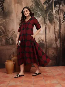 Sangria Geometric Print Asymmetric Fit & Flare Ethnic Dress