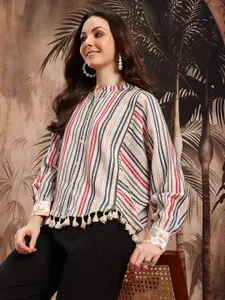 Sangria Striped Tasseled Hem Cotton Shirt Style Top