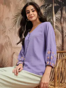 Sangria Floral Embroidered Cotton Shirt Style Top