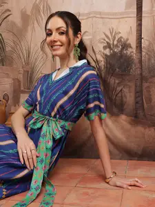 Sangria Ethnic Motifs Print Extended Sleeves A-Line Midi Dress with Camisole & Belt