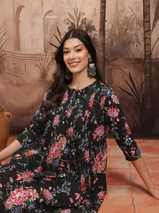 Sangria Floral Print Cotton Pleated A-Line Midi Ethnic Dress