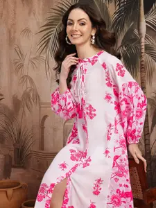 Sangria Floral Print  Tie-up Neck Paneled Shirt Style Dress