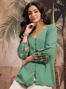 Sangria Floral Embroidered Cotton Shirt Style Top