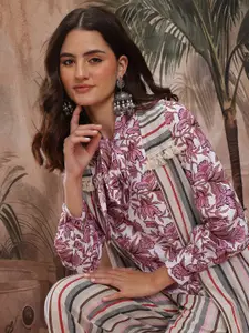 Sangria Floral Printed Co-Ords With Shrug