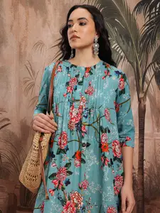 Sangria Indie Floral Printed Pin Tucks Detail A-line Ethnic Dress