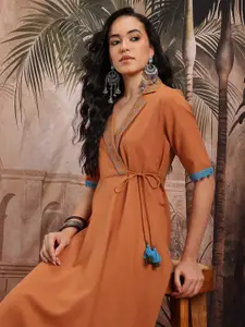 Sangria Notched Lapel Wrap-Style Ethnic Dress