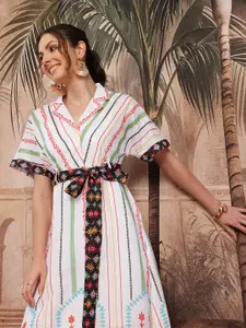 Sangria Ethnic Motifs Print Extended Sleeves A-Line Midi Dress with Camisole & Belt