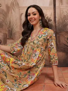 Sangria Floral Print Pure Cotton Gathered Ethnic Midi Empire Dress with Lace Inserts