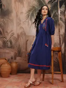 Sangria Ethnic Motifs Embroidered Wrap-Style Ethnic Dress