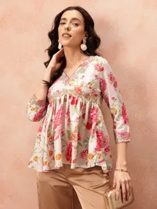 all about you Floral Print V-Neck Sequined Empire Kurti