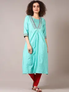 V-Mart Floral Embroidered Round Neck Sequinned Chanderi Cotton A-Line Kurta