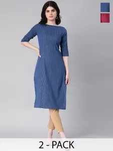 KALINI Selection Of 2 Striped Round Neck Straight Kurtas