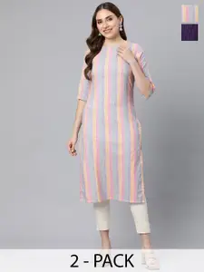 KALINI Selection Of 2 Striped Round Neck Straight Kurtas