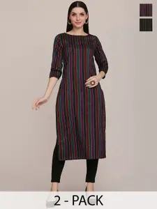 KALINI Selection Of 2 Striped Printed Cotton Round Neck Straight Kurta