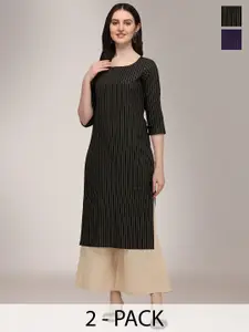 KALINI Selection Of 2 Striped Printed Cotton Round Neck Straight Kurta