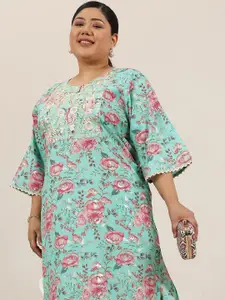 EXTRA LOVE BY LIBAS Plus Size Floral Printed Notch Neck Sequinned Silk Straight Kurta