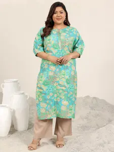 EXTRA LOVE BY LIBAS Plus Size Floral Printed Notch Neck Puff Sleeves Straight Kurta