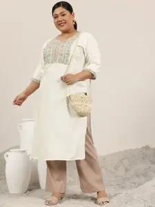 EXTRA LOVE BY LIBAS Plus Size Floral Yoke Design Thread Work Straight Kurta