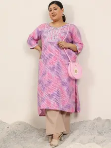 EXTRA LOVE BY LIBAS Plus Size Leheriya Printed Thread Work Straight Kurta