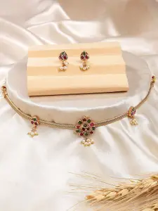 KARATCART Gold-Plated Kundan Studded Floral Design Necklace and Earrings