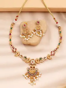 KARATCART Traditional Laxmi Mata Gold Plated Kundan Studded Temple Necklace Set for Women