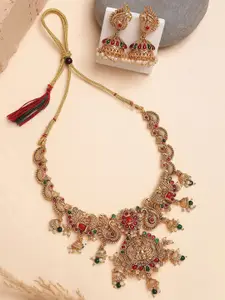 KARATCART Gold-Plated Stone Studded & Beaded Laxmi Mata Peacock Temple Necklace & Earrings
