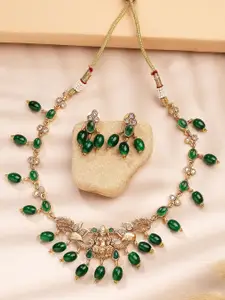 KARATCART Gold-Plated Stone Studded & Beaded Laxmi Mata Temple Necklace and Earrings