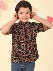 Fabindia Boys Ethnic Motifs Printed Cotton Band Collar Short Kurta