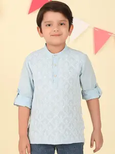 Fabindia Boys Floral Embroidered Band Collar Chikankari Cotton Short Kurta