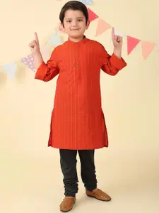 Fabindia Boys Striped Embroidered Cotton Band Collar Straight Kurta