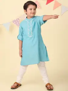 Fabindia Boys Floral Embroidered Cotton Chikankari Band Collar Straight Kurta