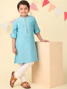 Fabindia Boys Floral Embroidered Cotton Chikankari Band Collar Straight Kurta